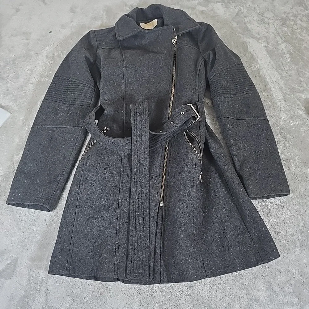 Michael Kors Coat Womens Small Gray Wool‎ Asymmetrical Belted Walker Casual